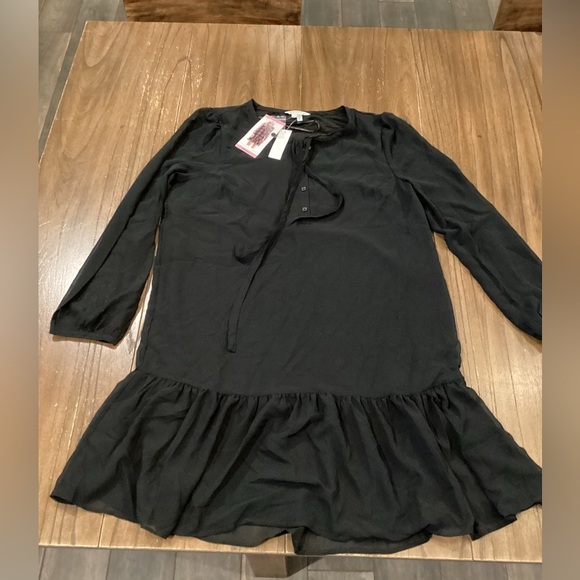 Draper James Tie Neck Flounce Shift chiffon long sleeve Mini Dress small Black - Picture 6 of 13